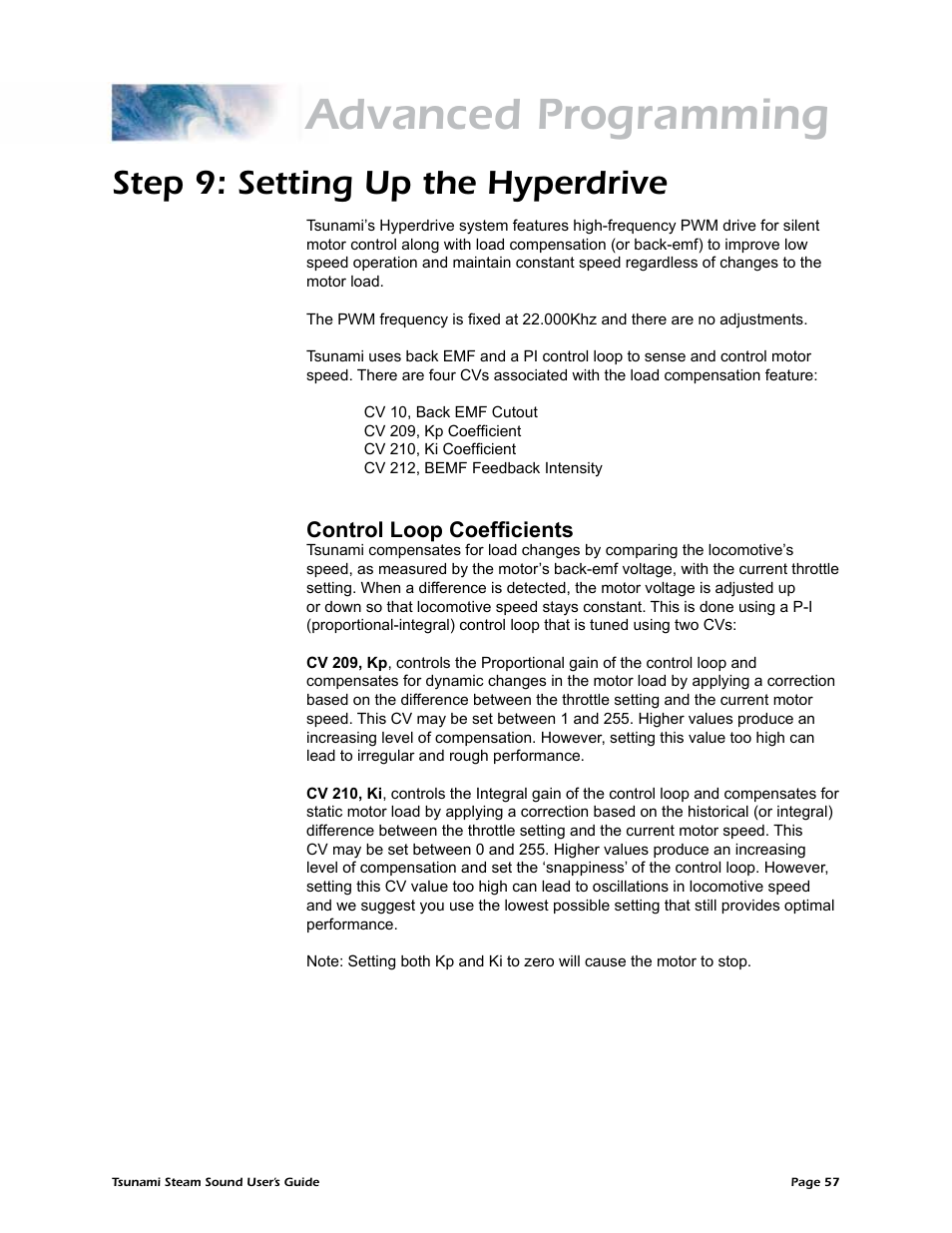 Advanced programming, Step 9: setting up the hyperdrive, Control loop coefficients | SoundTraxx Tsunami Steam Users Guide User Manual | Page 60 / 77