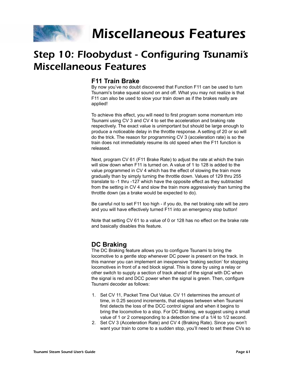 Miscellaneous features, F11 train brake, Dc braking | SoundTraxx Tsunami Steam Users Guide User Manual | Page 64 / 77