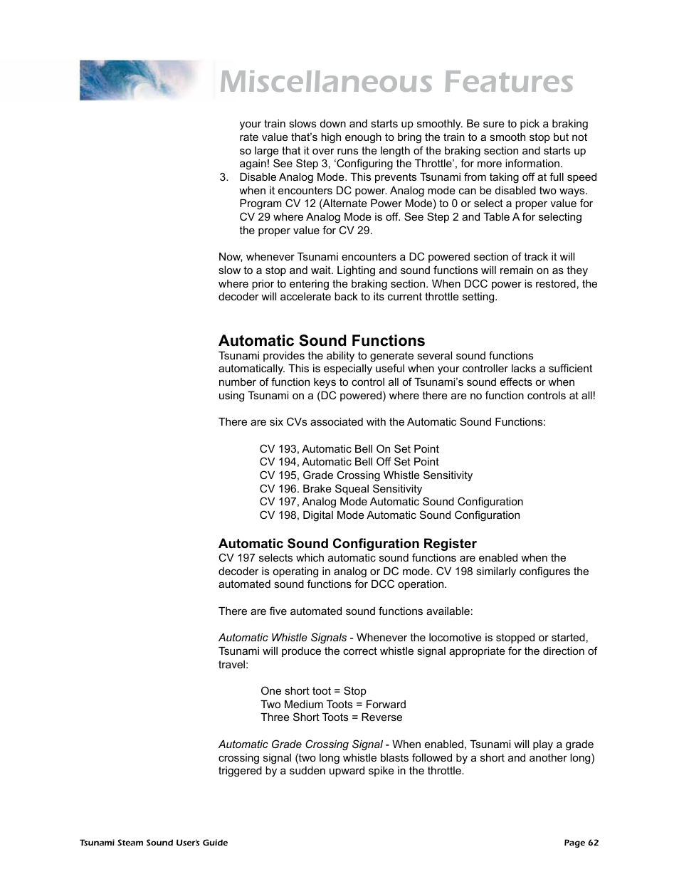 Miscellaneous features, Automatic sound functions | SoundTraxx Tsunami Steam Users Guide User Manual | Page 65 / 77