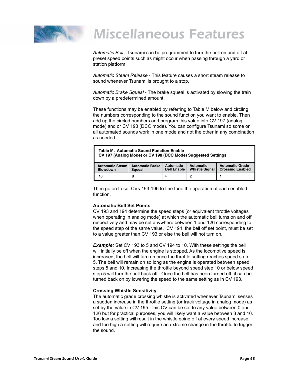 Miscellaneous features | SoundTraxx Tsunami Steam Users Guide User Manual | Page 66 / 77