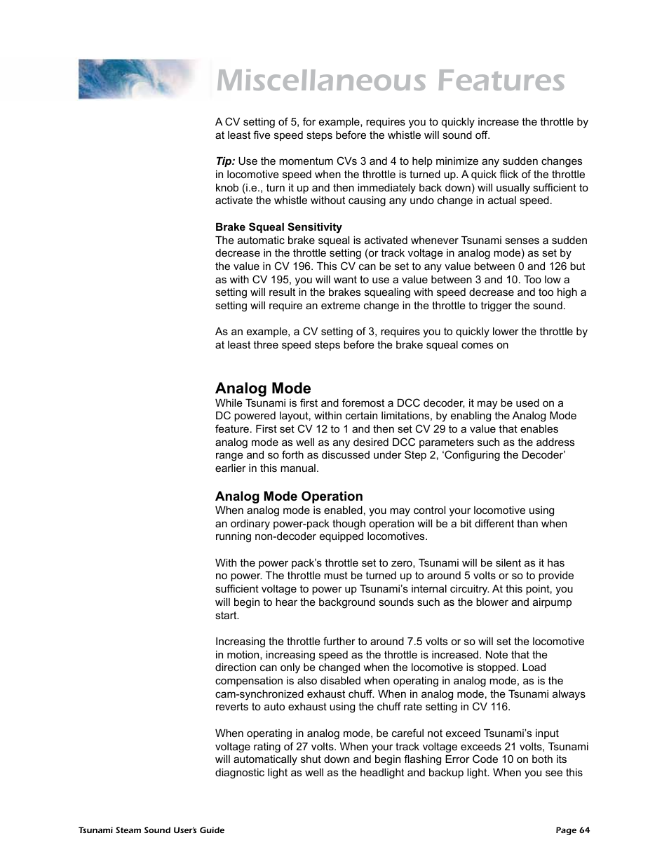 Miscellaneous features, Analog mode | SoundTraxx Tsunami Steam Users Guide User Manual | Page 67 / 77