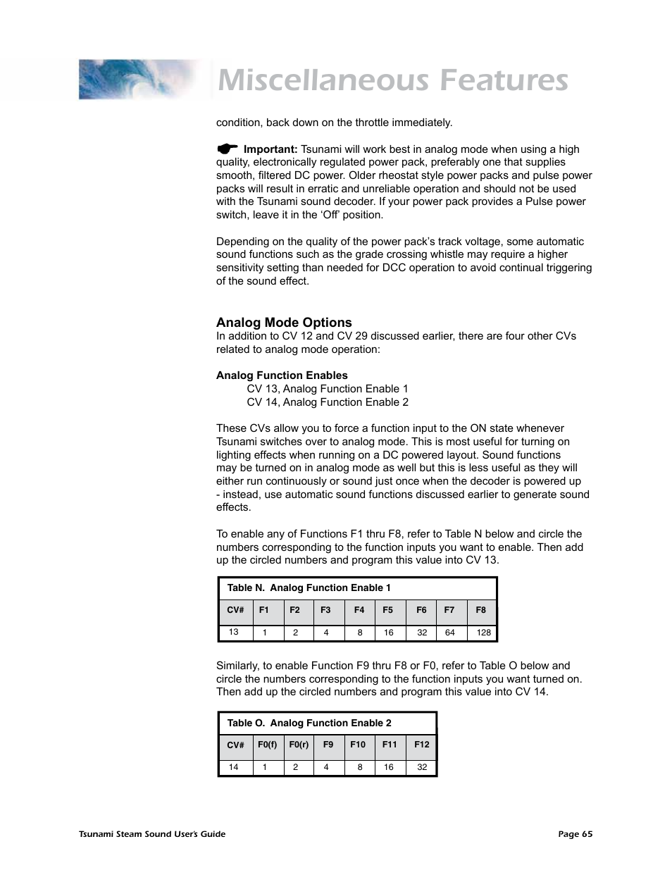 Miscellaneous features, Analog mode options | SoundTraxx Tsunami Steam Users Guide User Manual | Page 68 / 77