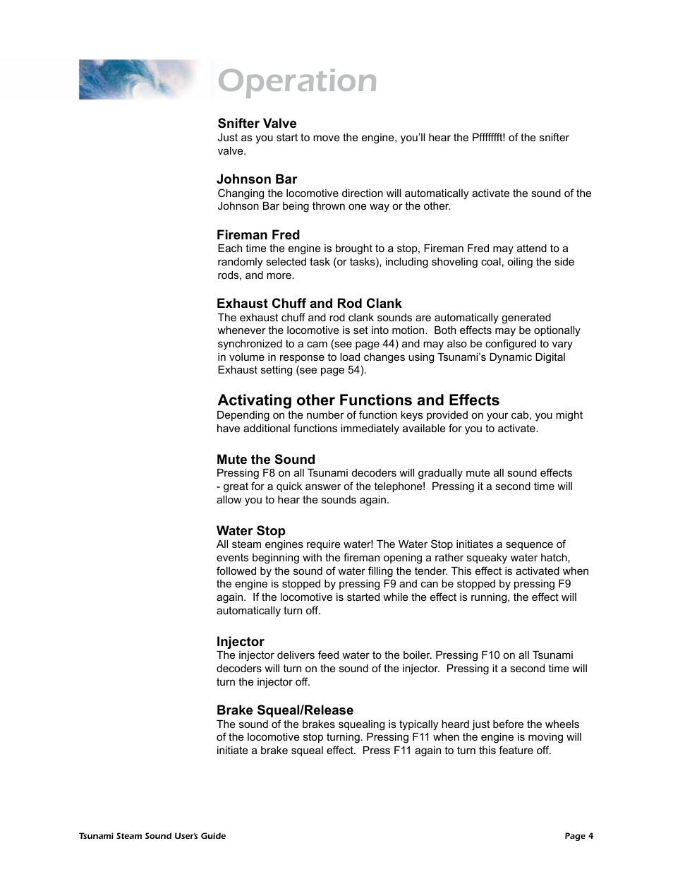 Operation, Activating other functions and effects | SoundTraxx Tsunami Steam Users Guide User Manual | Page 7 / 77