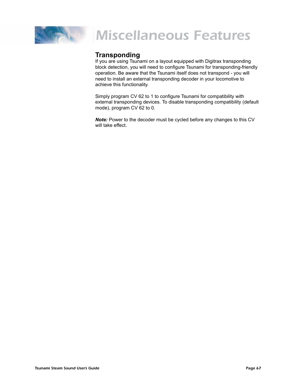 Miscellaneous features, Transponding | SoundTraxx Tsunami Steam Users Guide User Manual | Page 70 / 77