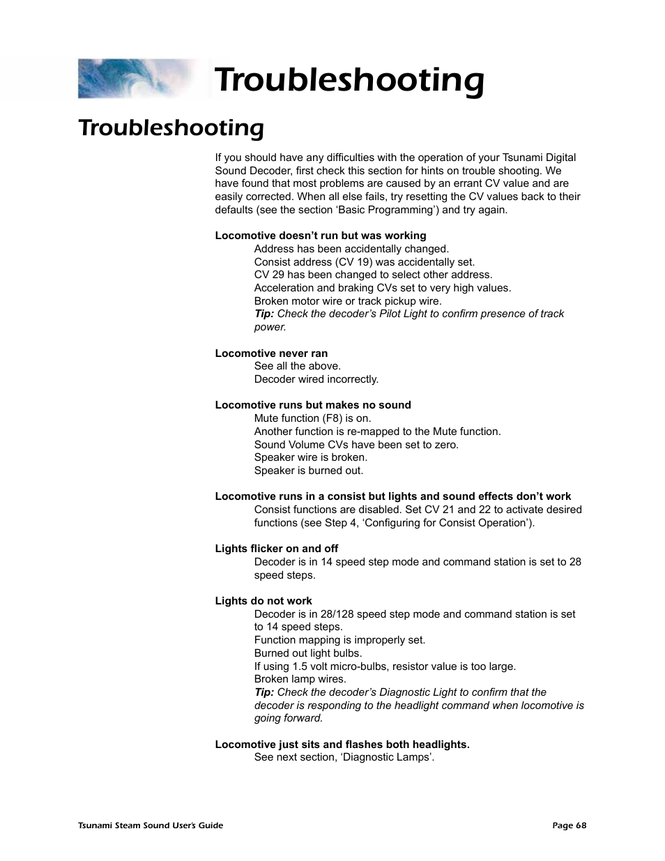 Troubleshooting | SoundTraxx Tsunami Steam Users Guide User Manual | Page 71 / 77