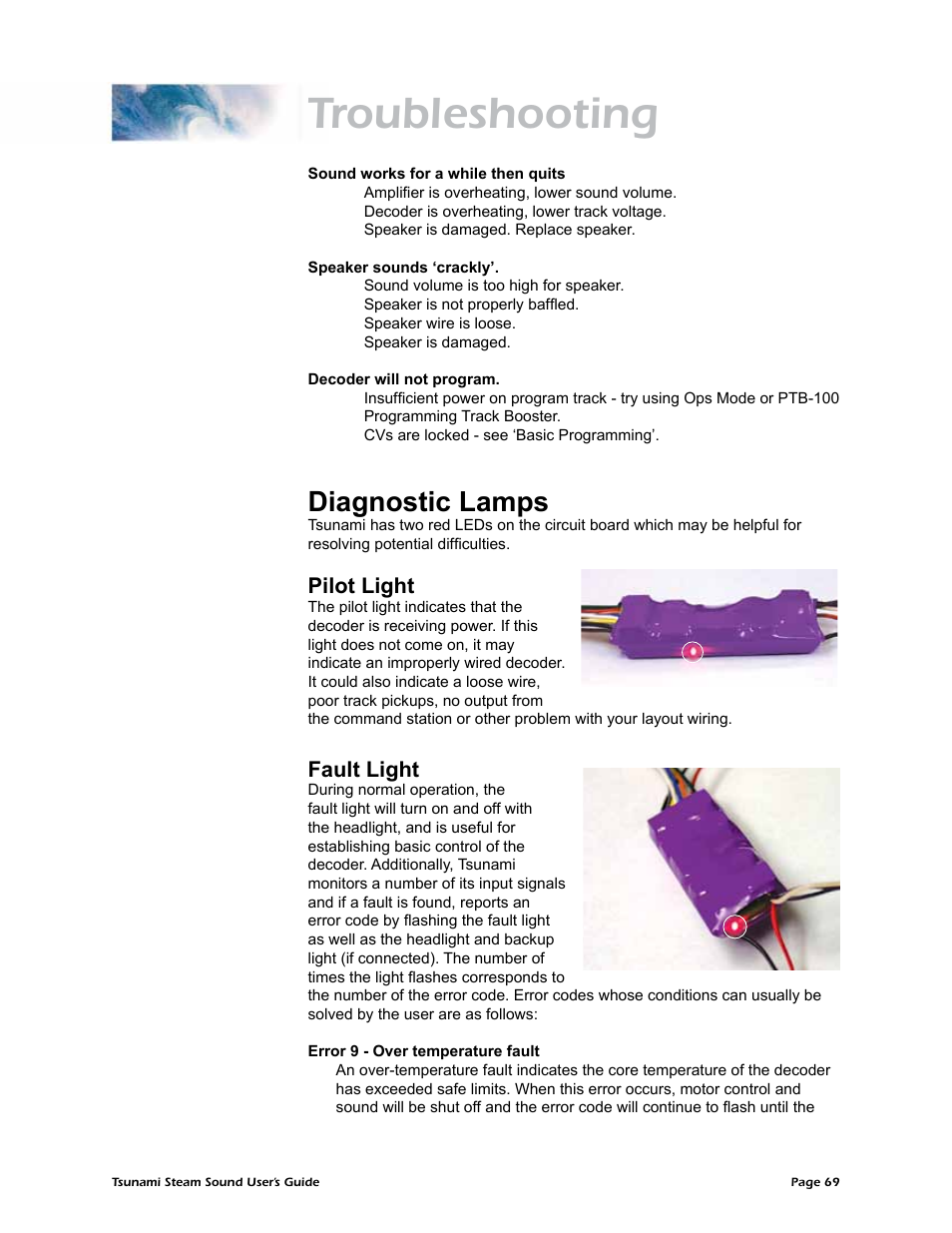 Troubleshooting, Diagnostic lamps, Pilot light | Fault light | SoundTraxx Tsunami Steam Users Guide User Manual | Page 72 / 77