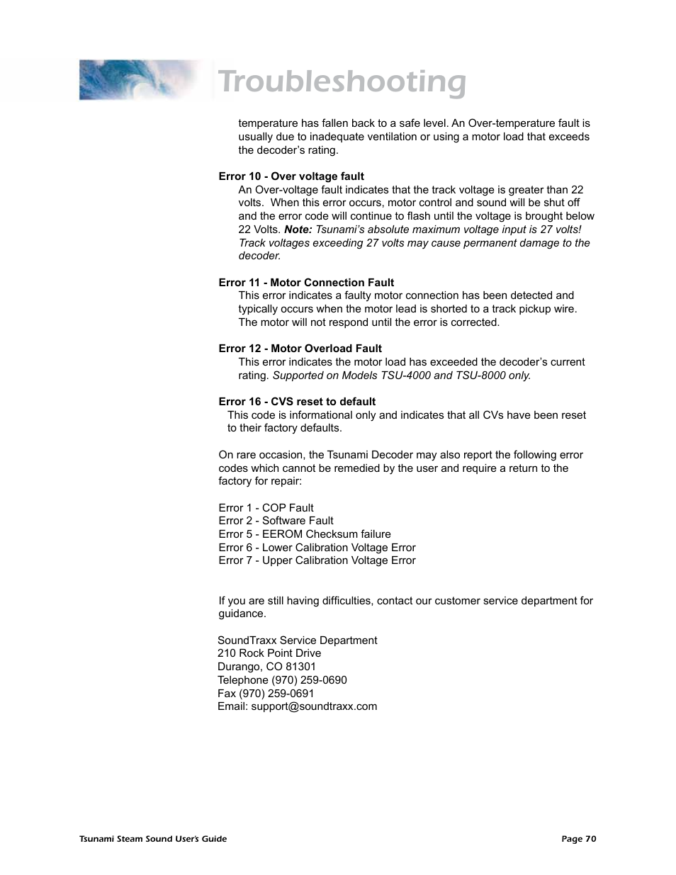 Troubleshooting | SoundTraxx Tsunami Steam Users Guide User Manual | Page 73 / 77