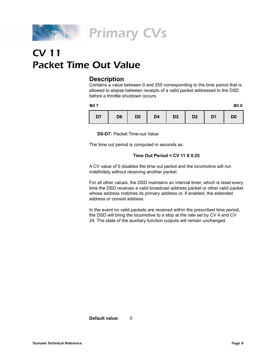Primary cvs, Cv 11 packet time out value, Description | SoundTraxx Tsunami Steam Technical Reference User Manual | Page 10 / 104