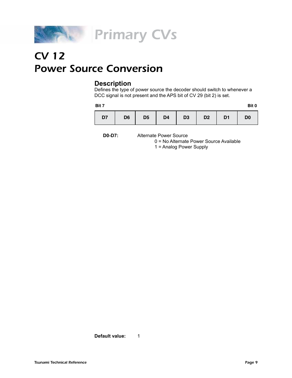 Primary cvs, Cv 12 power source conversion, Description | SoundTraxx Tsunami Steam Technical Reference User Manual | Page 11 / 104