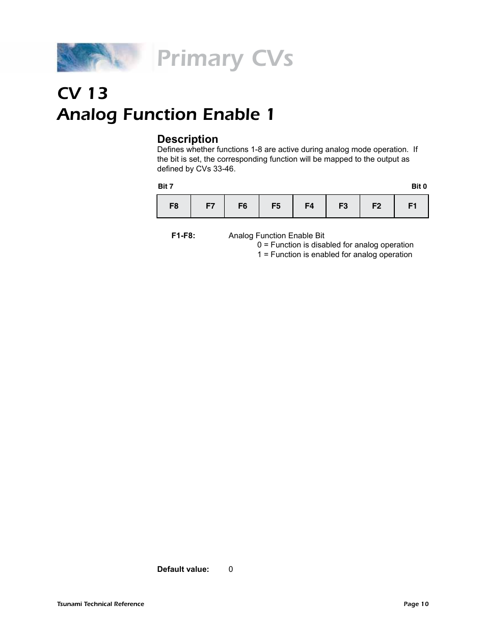 Primary cvs, Cv 13 analog function enable 1, Description | SoundTraxx Tsunami Steam Technical Reference User Manual | Page 12 / 104