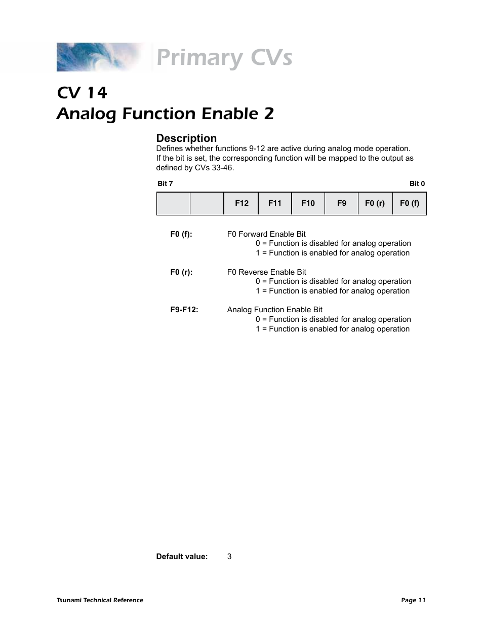 Primary cvs, Cv 14 analog function enable 2, Description | SoundTraxx Tsunami Steam Technical Reference User Manual | Page 13 / 104