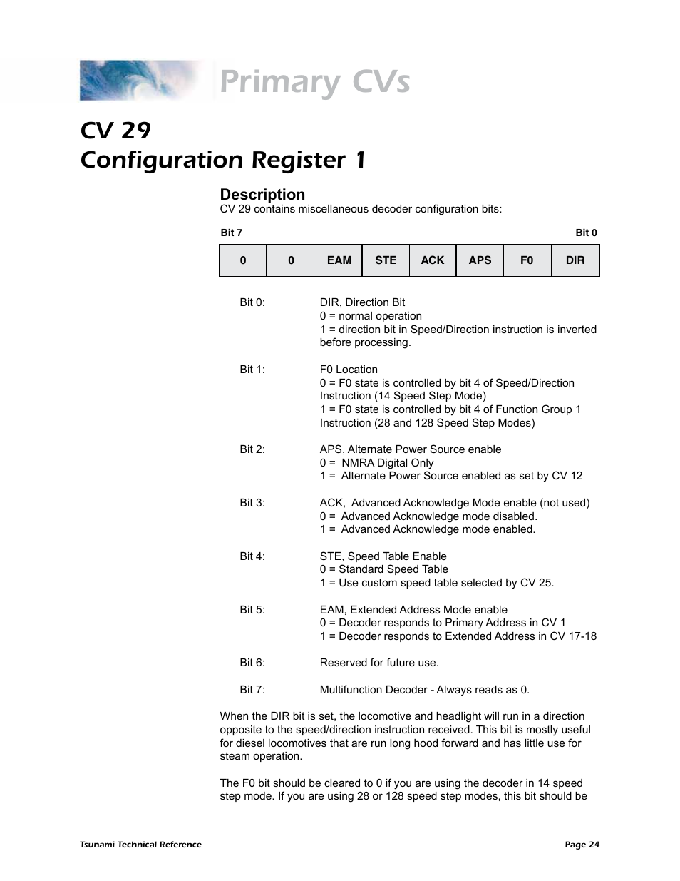 Primary cvs, Cv 29 configuration register 1, Description | SoundTraxx Tsunami Steam Technical Reference User Manual | Page 26 / 104