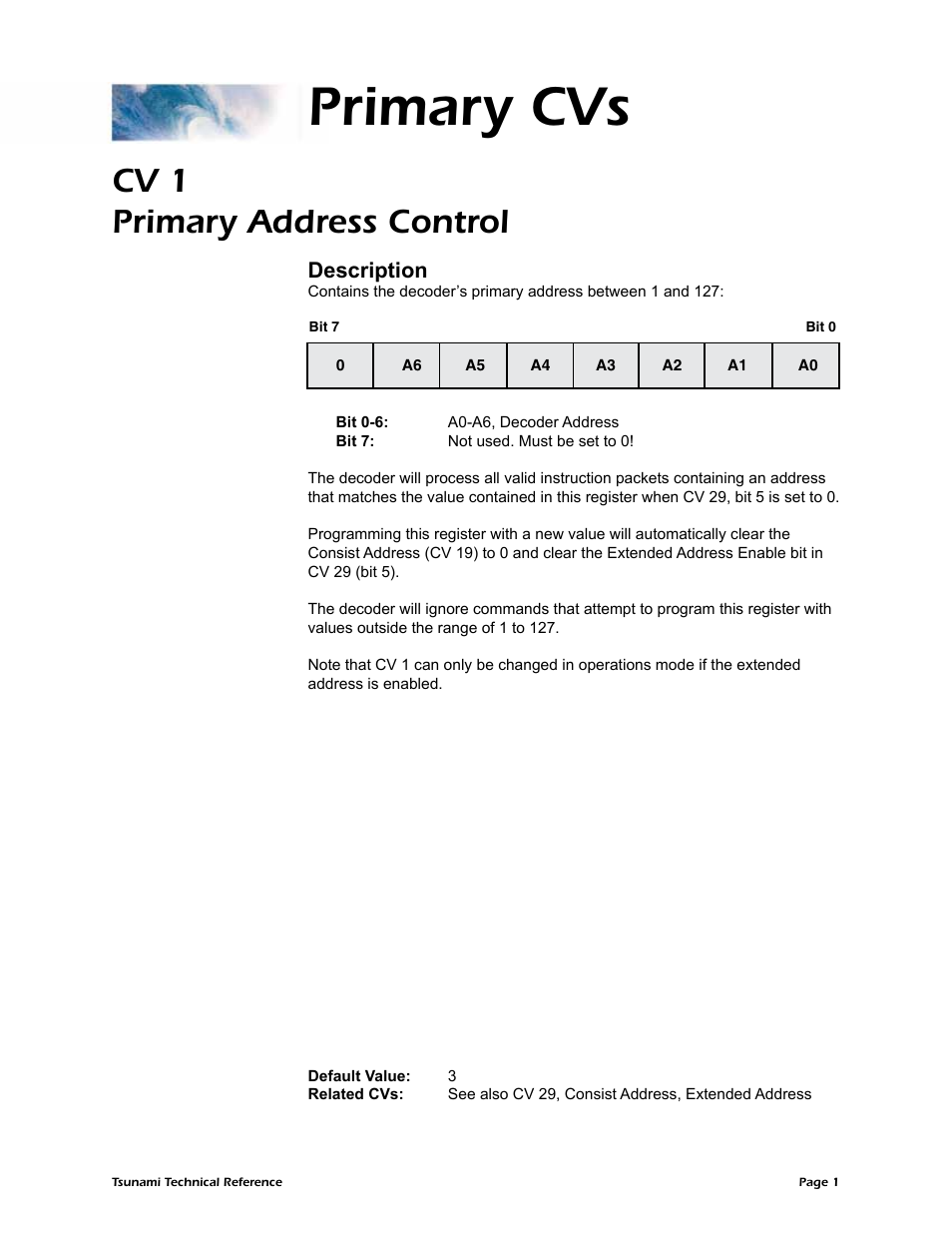 Primary cvs, Cv 1 primary address control, Description | SoundTraxx Tsunami Steam Technical Reference User Manual | Page 3 / 104
