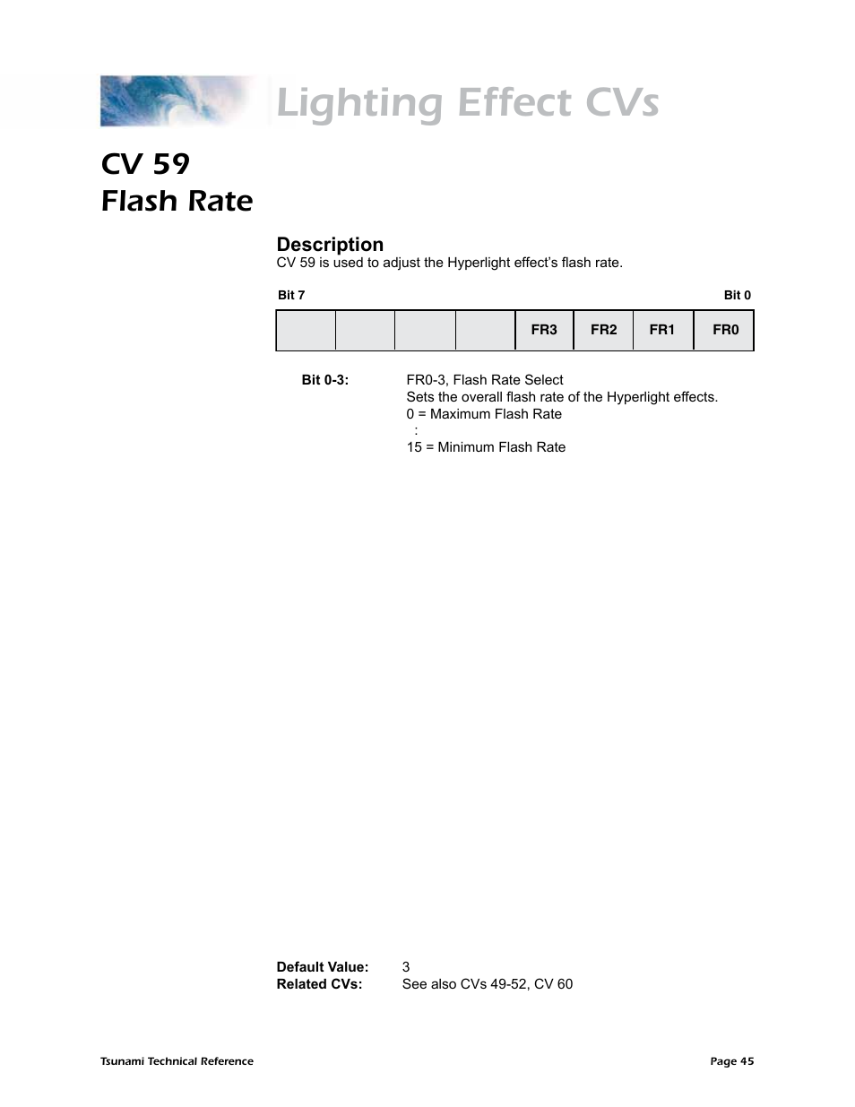 Lighting effect cvs, Cv 59 flash rate, Description | SoundTraxx Tsunami Steam Technical Reference User Manual | Page 47 / 104