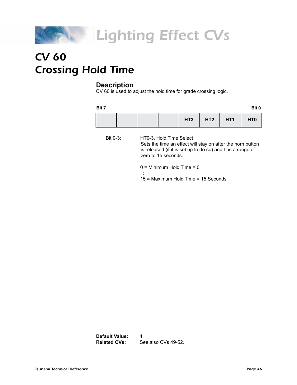 Lighting effect cvs, Cv 60 crossing hold time, Description | SoundTraxx Tsunami Steam Technical Reference User Manual | Page 48 / 104