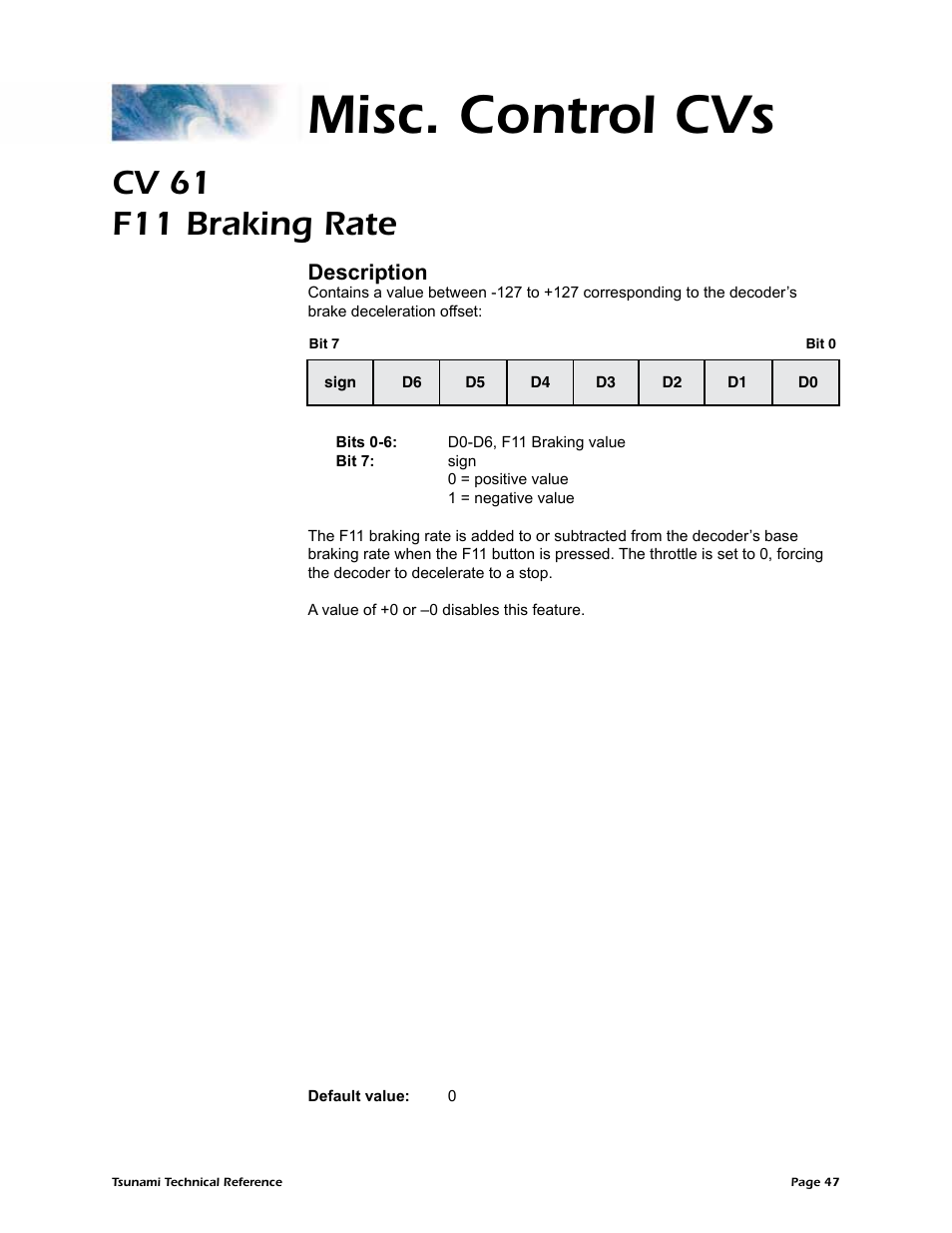 Misc. control cvs, Cv 61 f11 braking rate, Description | SoundTraxx Tsunami Steam Technical Reference User Manual | Page 49 / 104