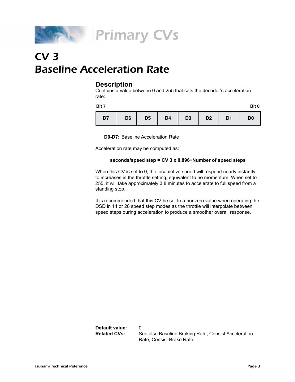 Primary cvs, Cv 3 baseline acceleration rate, Description | SoundTraxx Tsunami Steam Technical Reference User Manual | Page 5 / 104