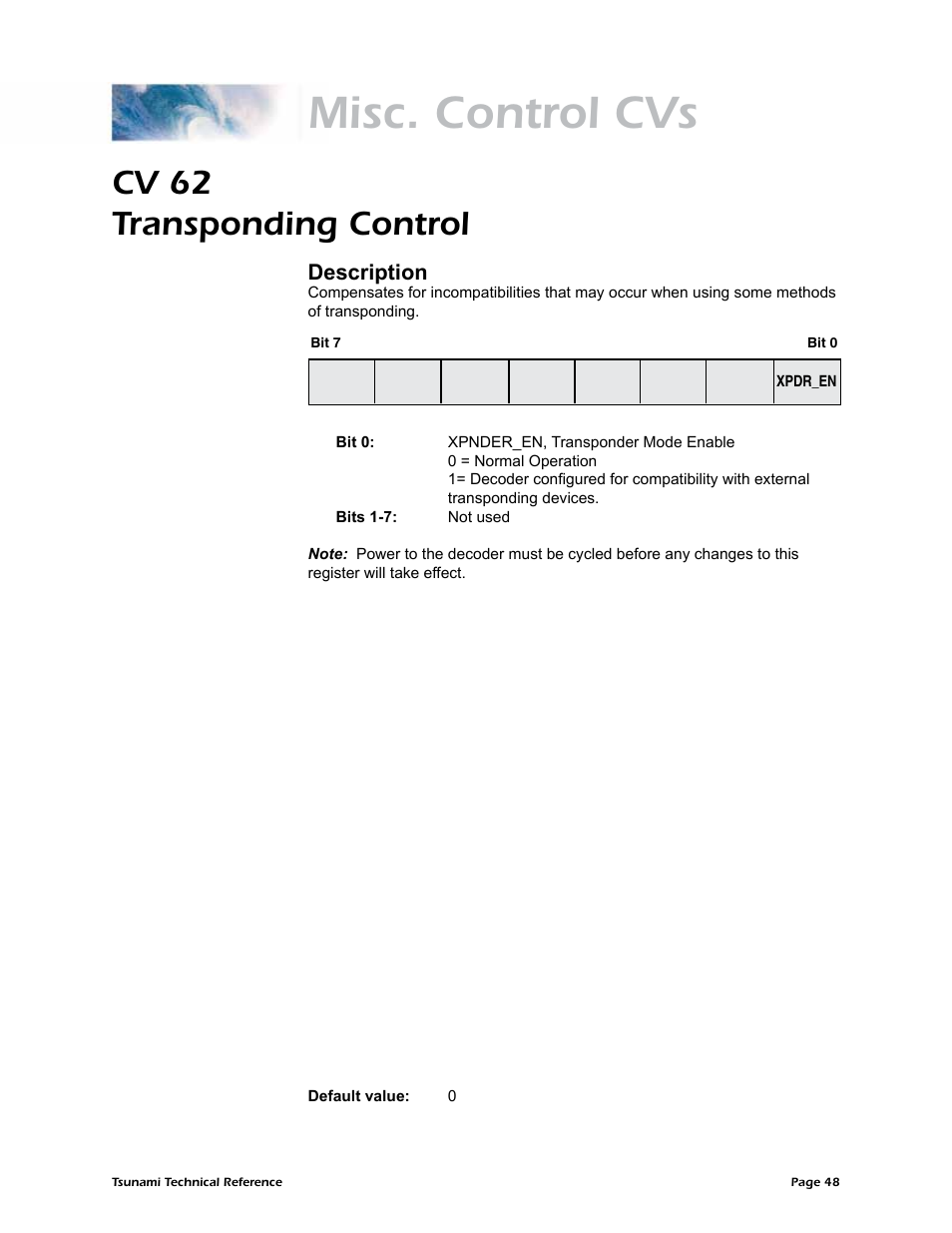 Misc. control cvs, Cv 62 transponding control, Description | SoundTraxx Tsunami Steam Technical Reference User Manual | Page 50 / 104