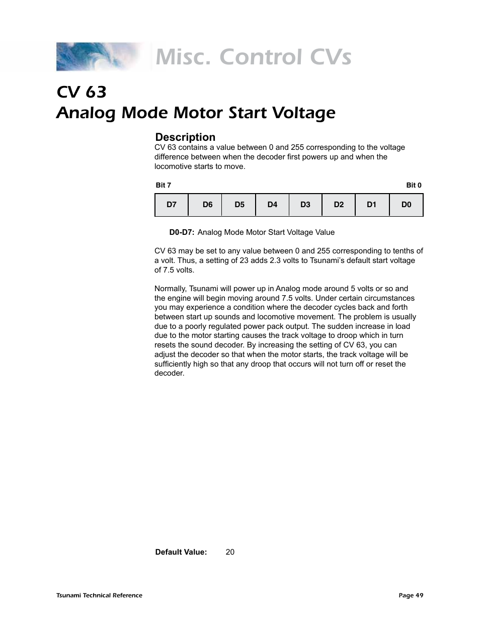Misc. control cvs, Cv 63 analog mode motor start voltage, Description | SoundTraxx Tsunami Steam Technical Reference User Manual | Page 51 / 104