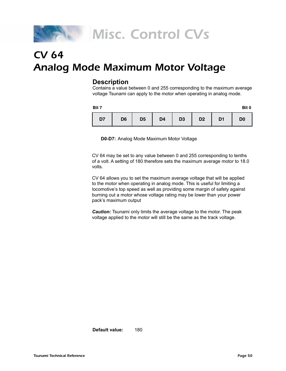 Misc. control cvs, Cv 64 analog mode maximum motor voltage, Description | SoundTraxx Tsunami Steam Technical Reference User Manual | Page 52 / 104