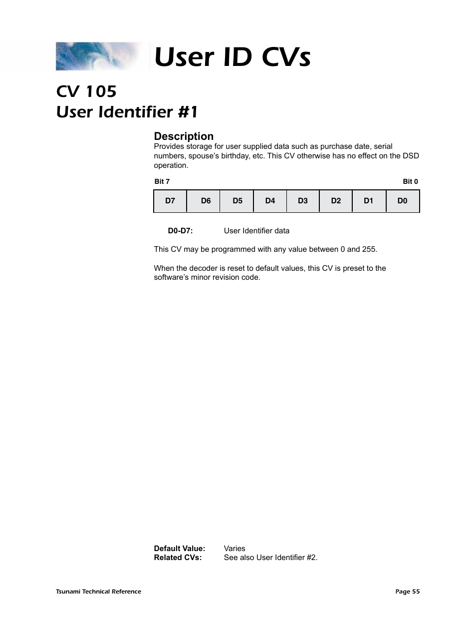 User id cvs, Cv 105 user identifier #1, Description | SoundTraxx Tsunami Steam Technical Reference User Manual | Page 57 / 104