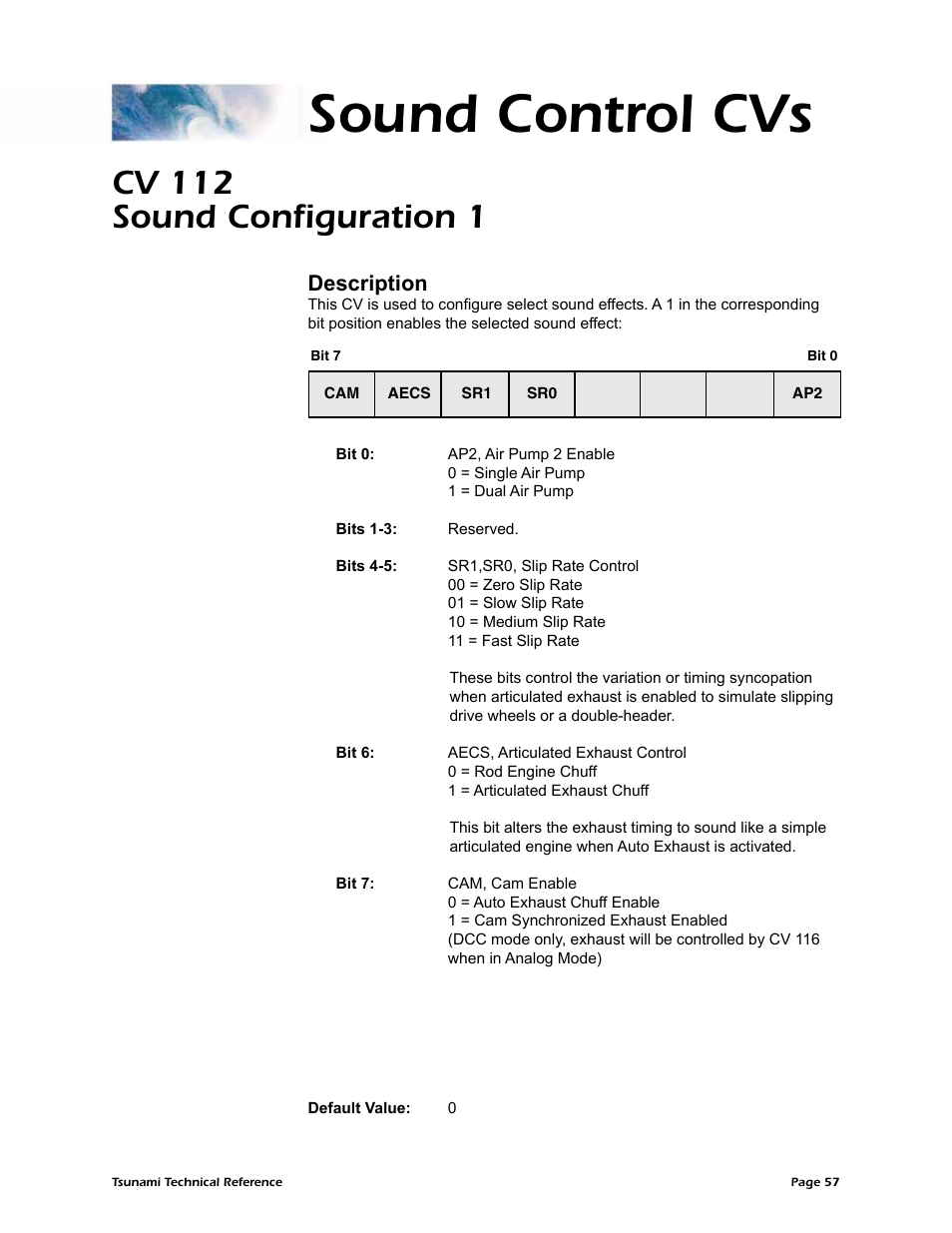 Sound control cvs, Cv 112 sound configuration 1, Description | SoundTraxx Tsunami Steam Technical Reference User Manual | Page 59 / 104