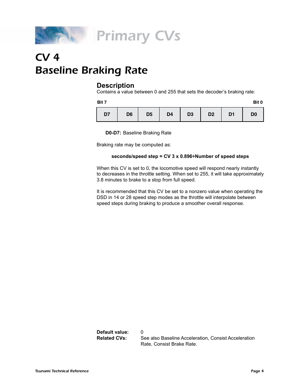 Primary cvs, Cv 4 baseline braking rate, Description | SoundTraxx Tsunami Steam Technical Reference User Manual | Page 6 / 104