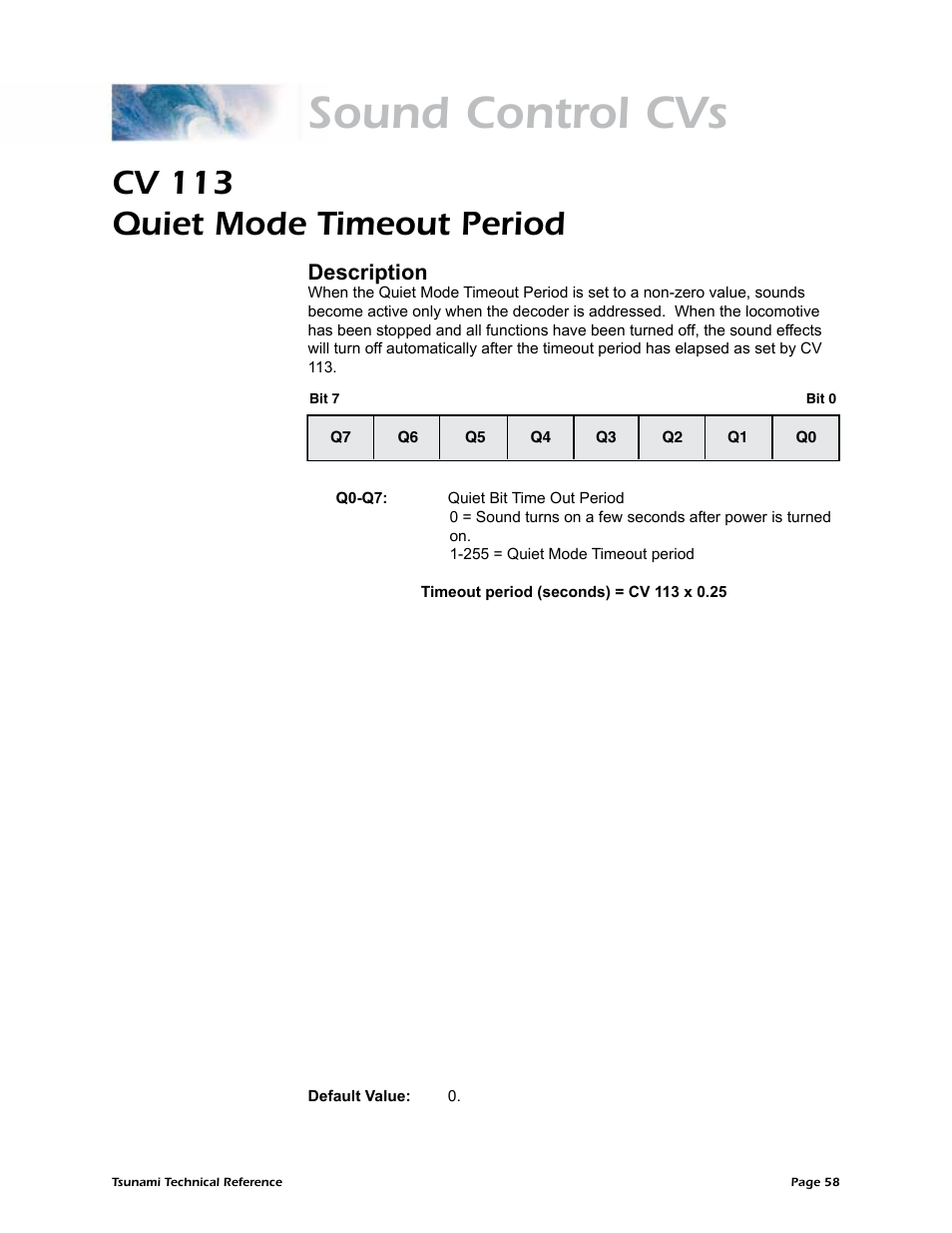 Sound control cvs, Cv 113 quiet mode timeout period, Description | SoundTraxx Tsunami Steam Technical Reference User Manual | Page 60 / 104