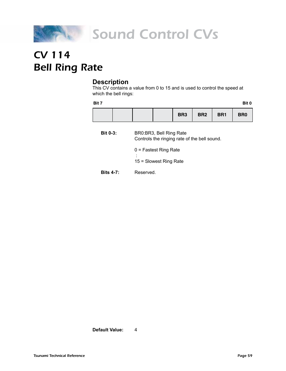 Sound control cvs, Cv 114 bell ring rate, Description | SoundTraxx Tsunami Steam Technical Reference User Manual | Page 61 / 104