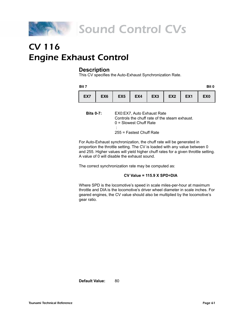 Sound control cvs, Cv 116 engine exhaust control, Description | SoundTraxx Tsunami Steam Technical Reference User Manual | Page 63 / 104