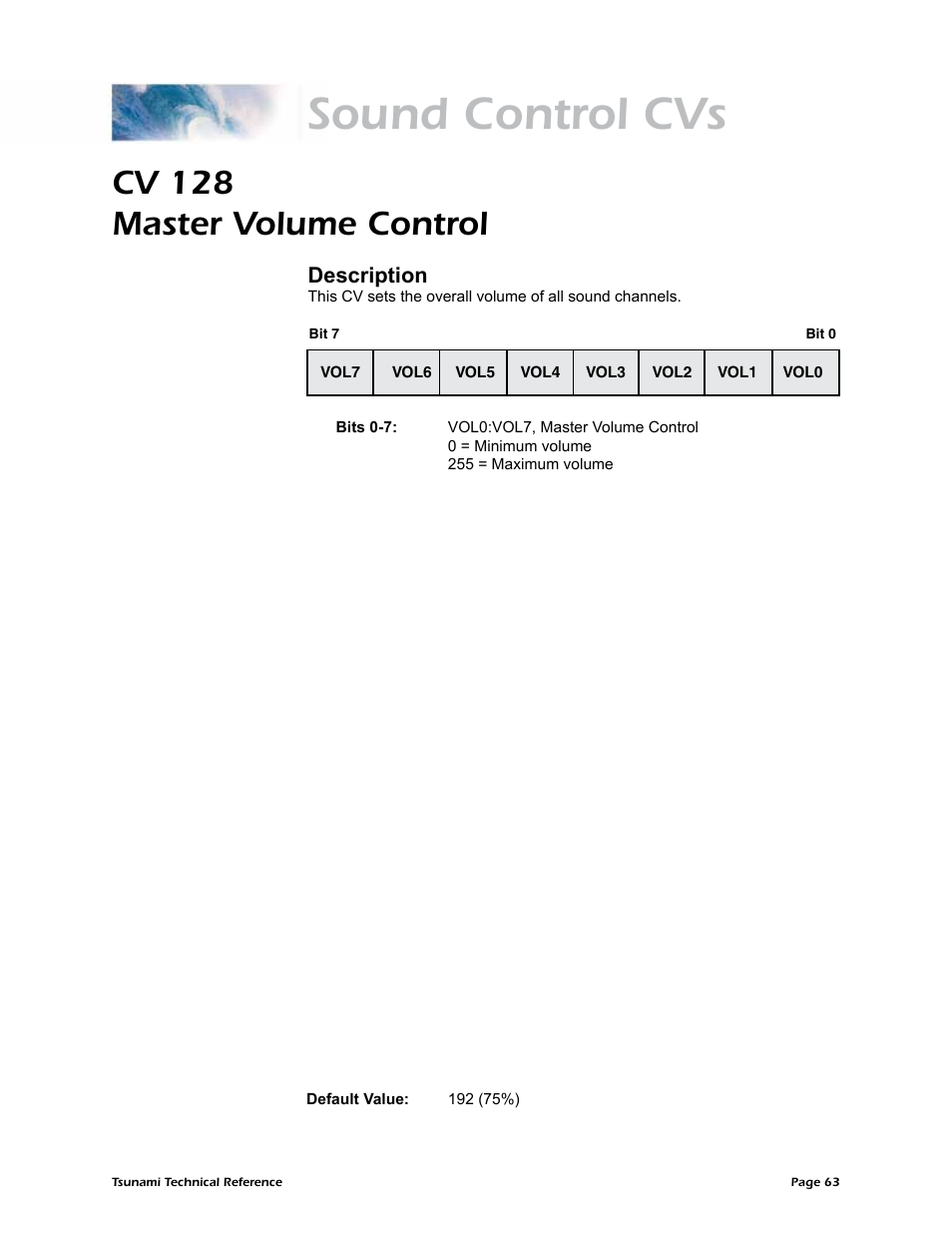 Sound control cvs, Cv 128 master volume control, Description | SoundTraxx Tsunami Steam Technical Reference User Manual | Page 65 / 104