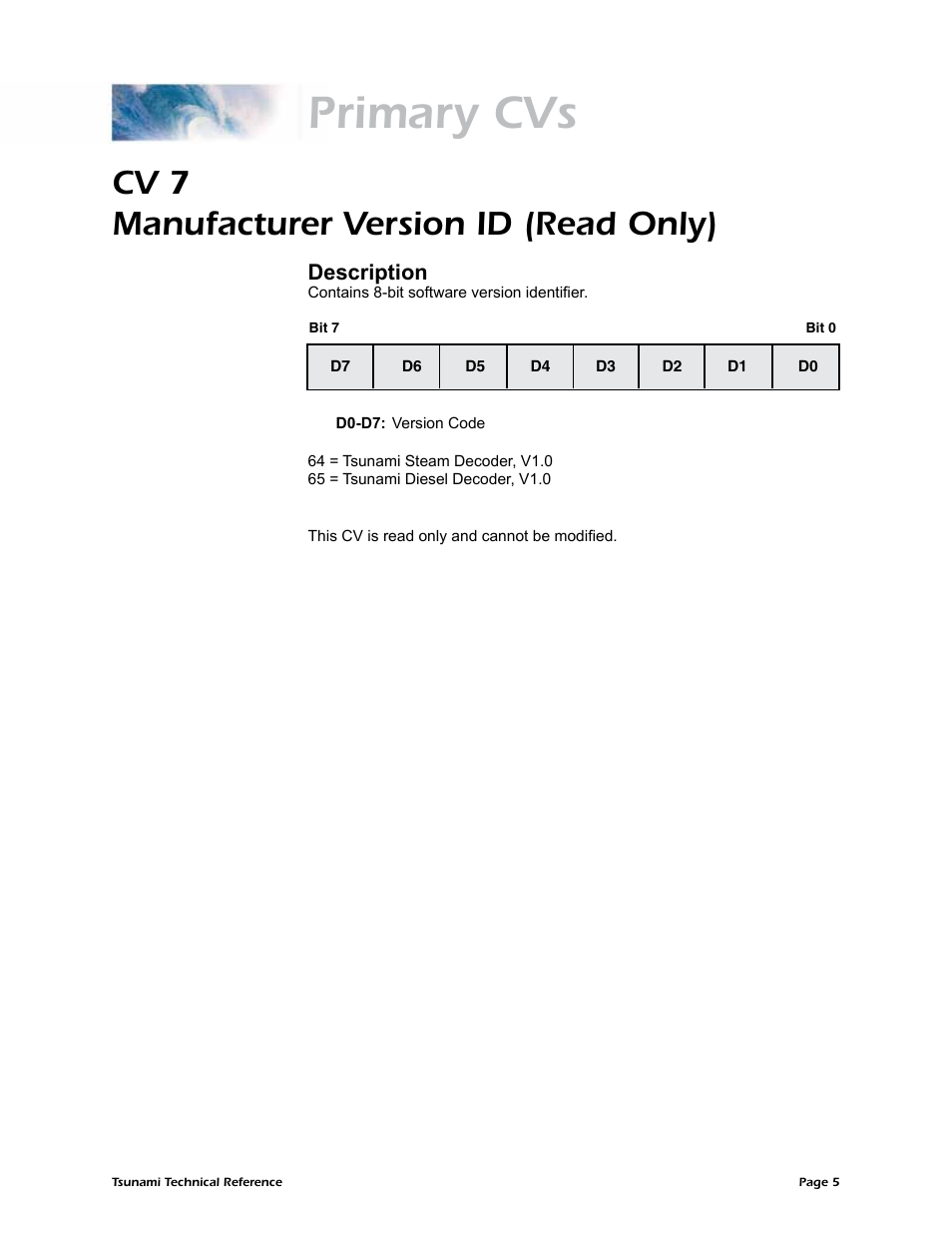 Primary cvs, Cv 7 manufacturer version id (read only), Description | SoundTraxx Tsunami Steam Technical Reference User Manual | Page 7 / 104