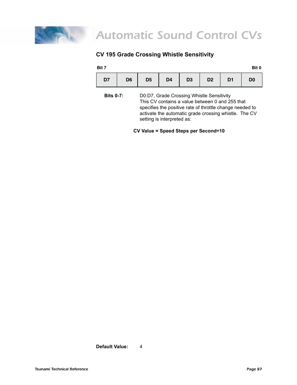 Automatic sound control cvs | SoundTraxx Tsunami Steam Technical Reference User Manual | Page 89 / 104