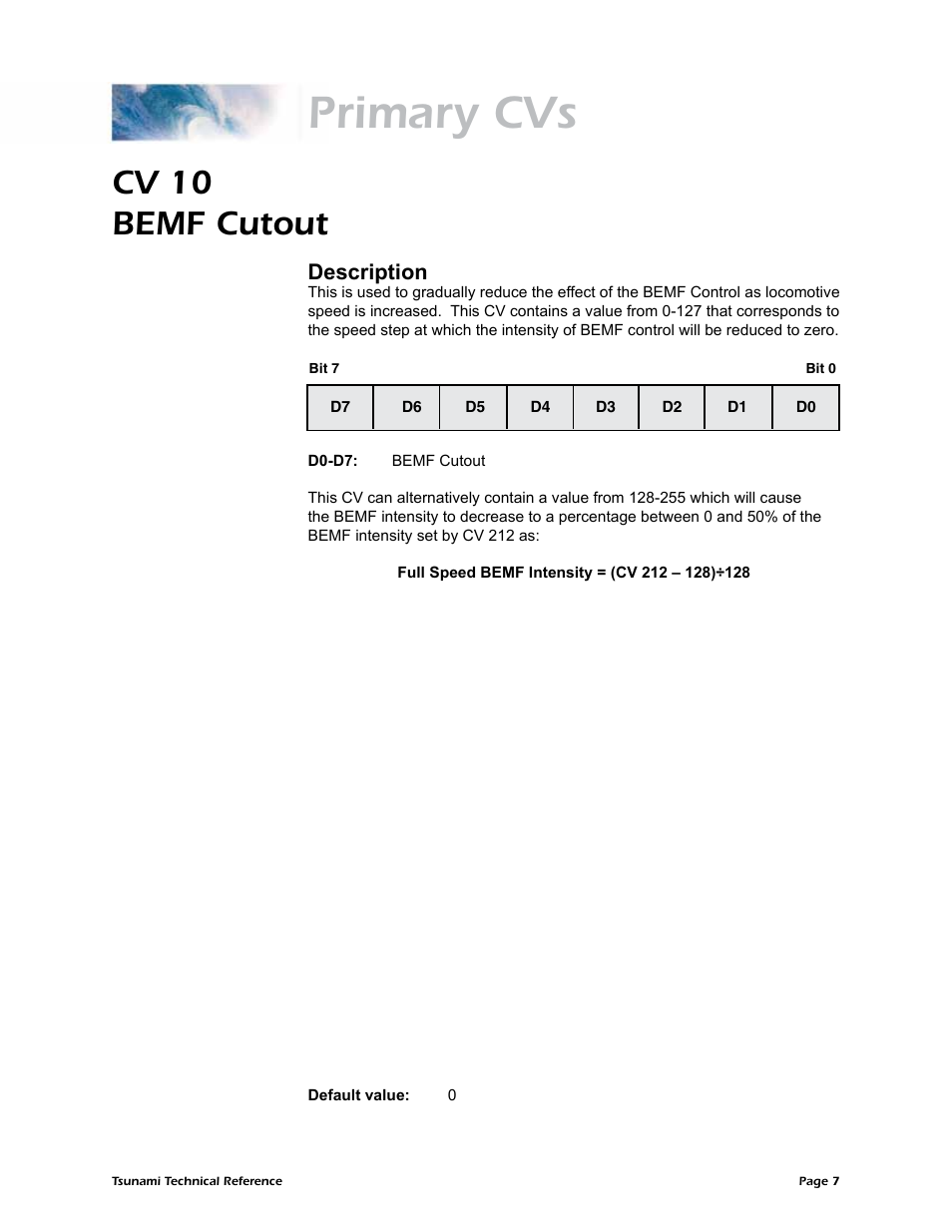 Primary cvs, Cv 10 bemf cutout, Description | SoundTraxx Tsunami Steam Technical Reference User Manual | Page 9 / 104