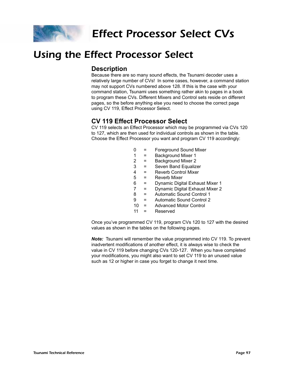 Effect processor select cvs, Using the effect processor select, Description | Cv 119 effect processor select | SoundTraxx Tsunami Steam Technical Reference User Manual | Page 99 / 104