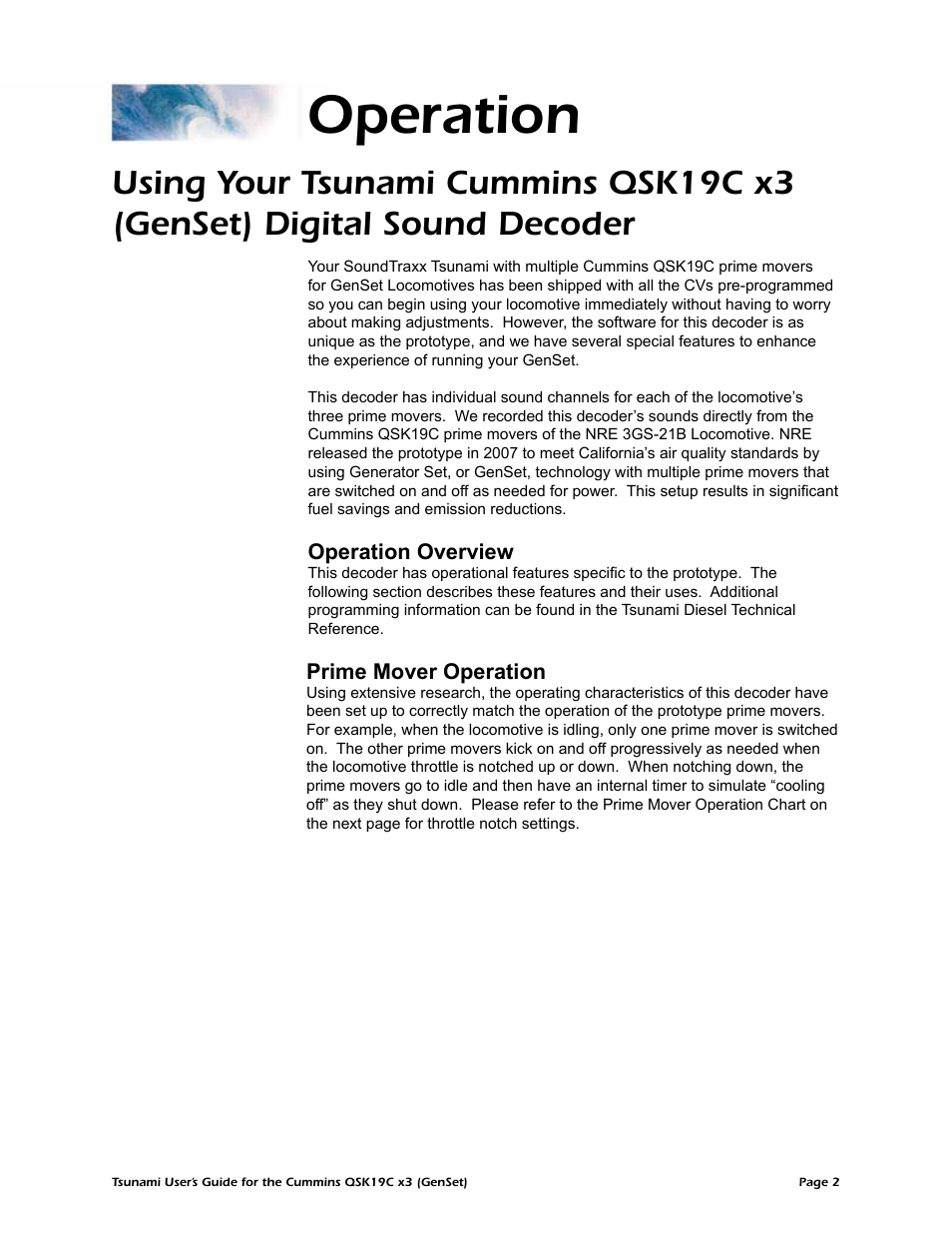 Operation, Operation overview, Prime mover operation | SoundTraxx QSK19C x3 User Manual | Page 5 / 7