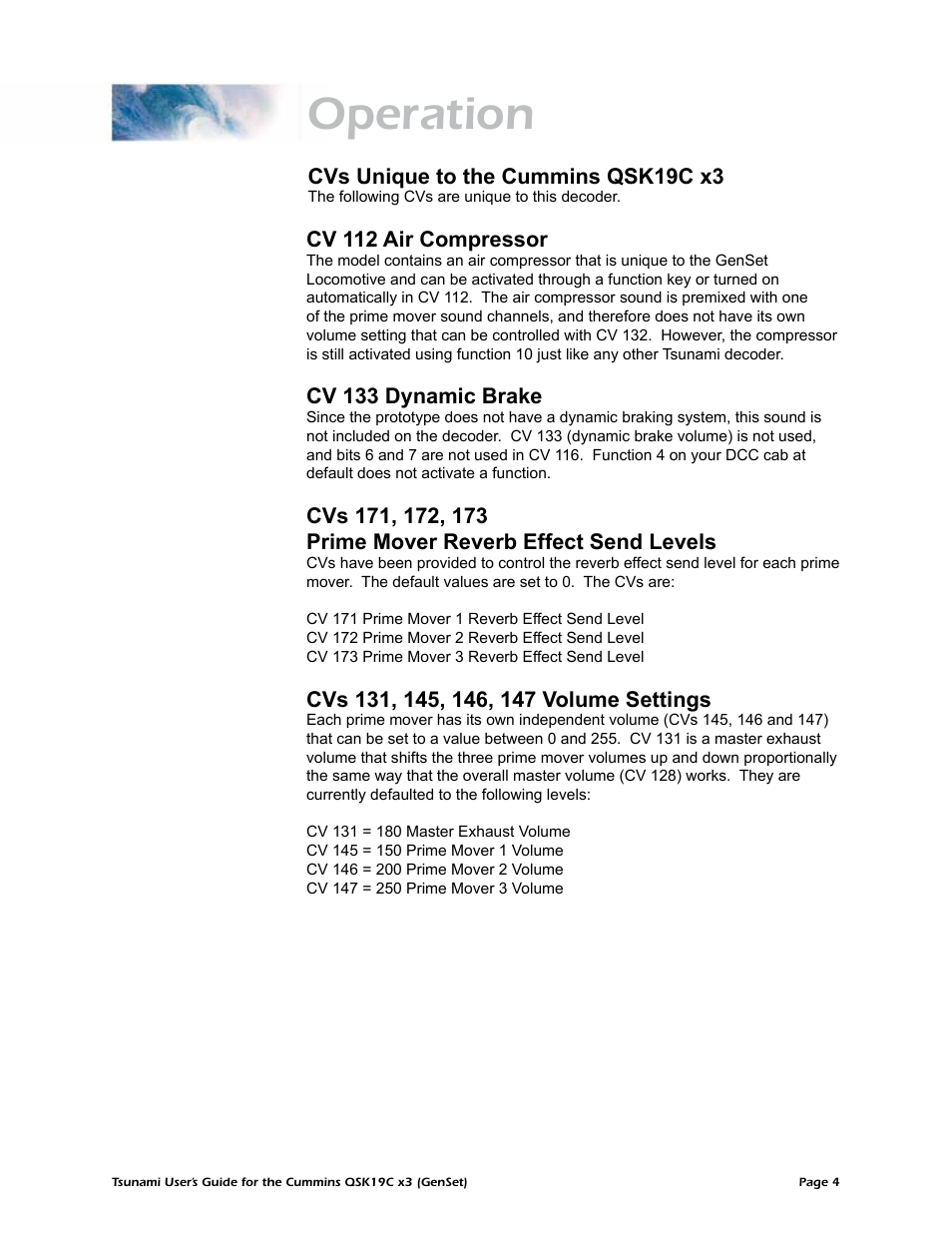 Operation, Cvs unique to the cummins qsk19c x3, Cv 112 air compressor | Cv 133 dynamic brake | SoundTraxx QSK19C x3 User Manual | Page 7 / 7