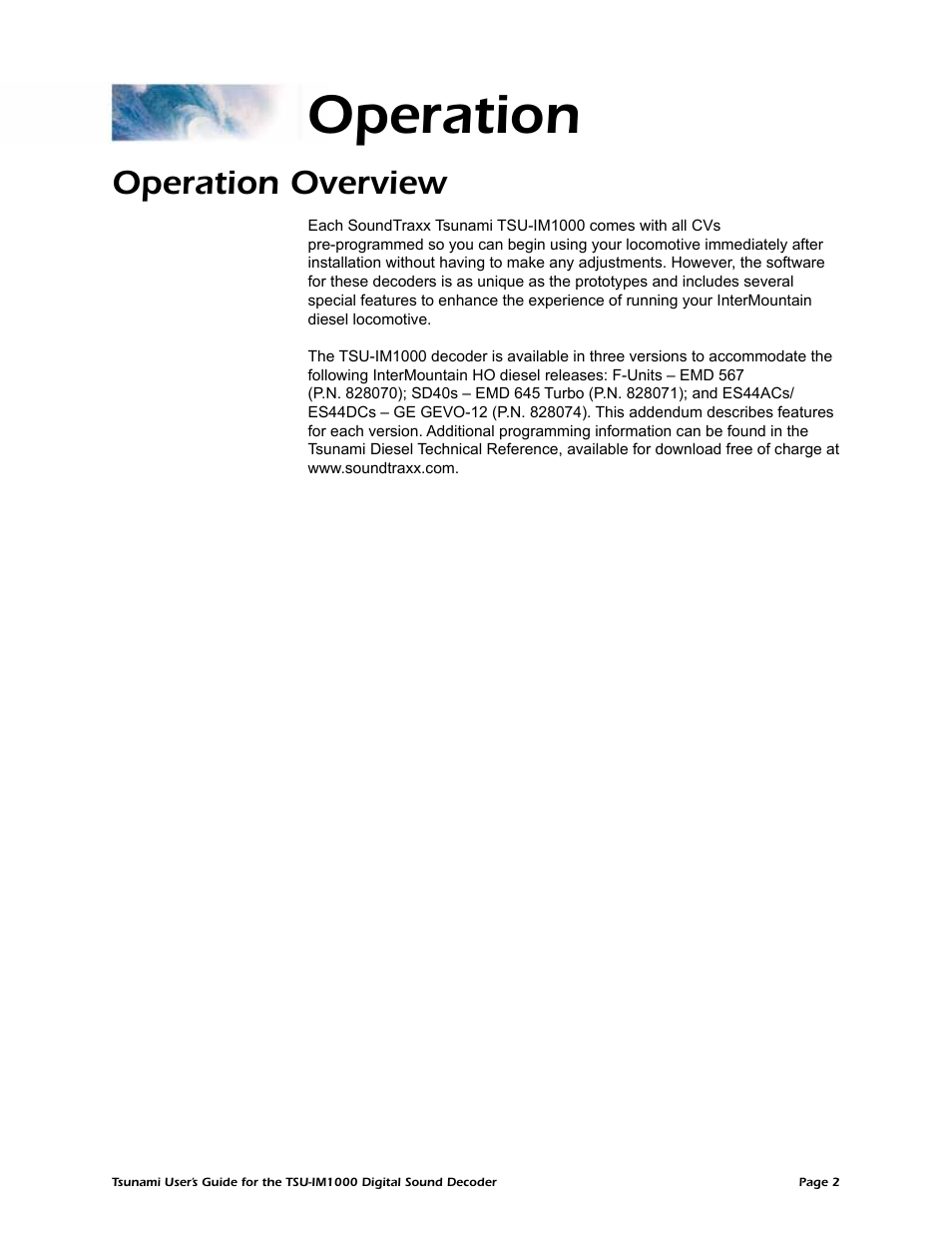 Operation, Operation overview | SoundTraxx TSU-IM1000 User Manual | Page 5 / 10
