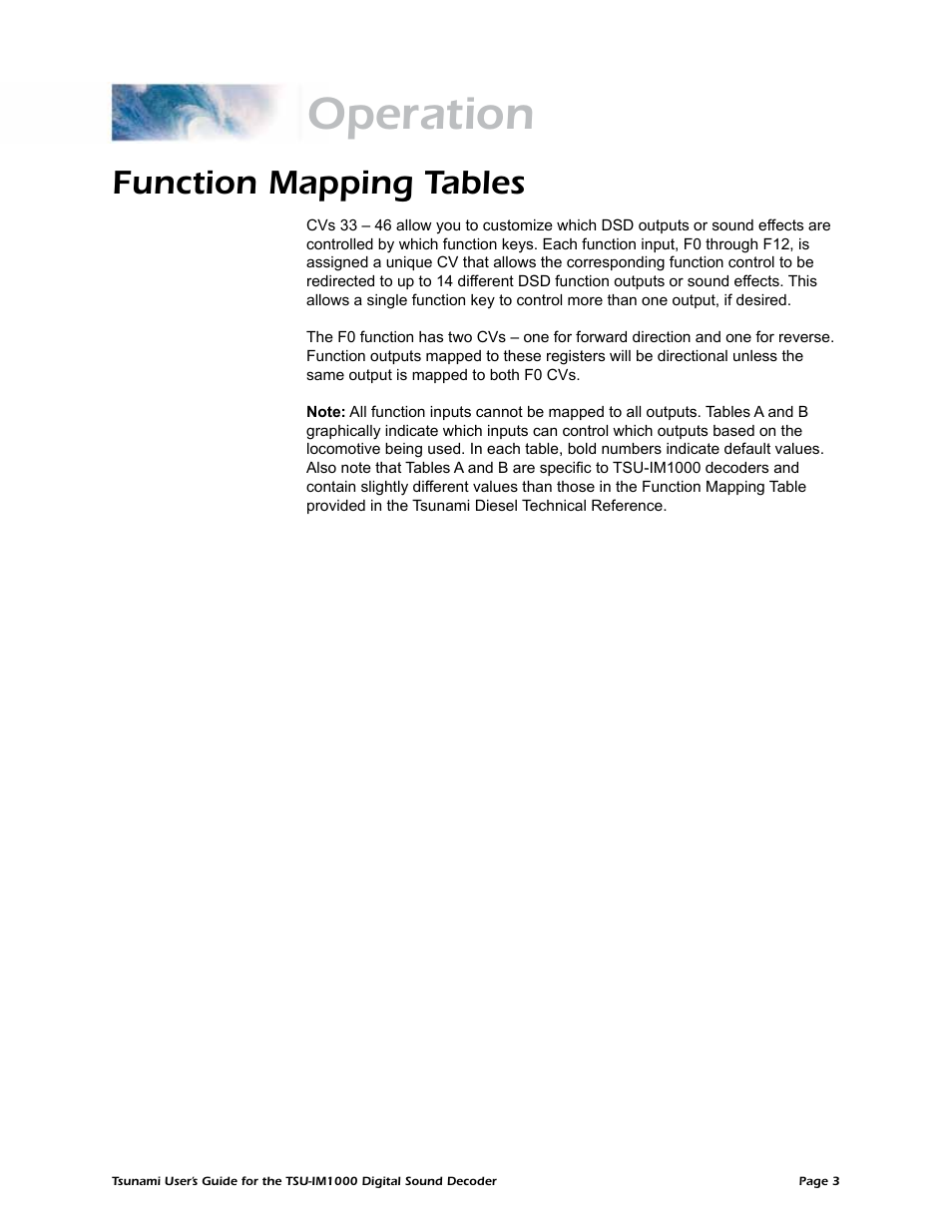 Operation, Function mapping tables | SoundTraxx TSU-IM1000 User Manual | Page 6 / 10