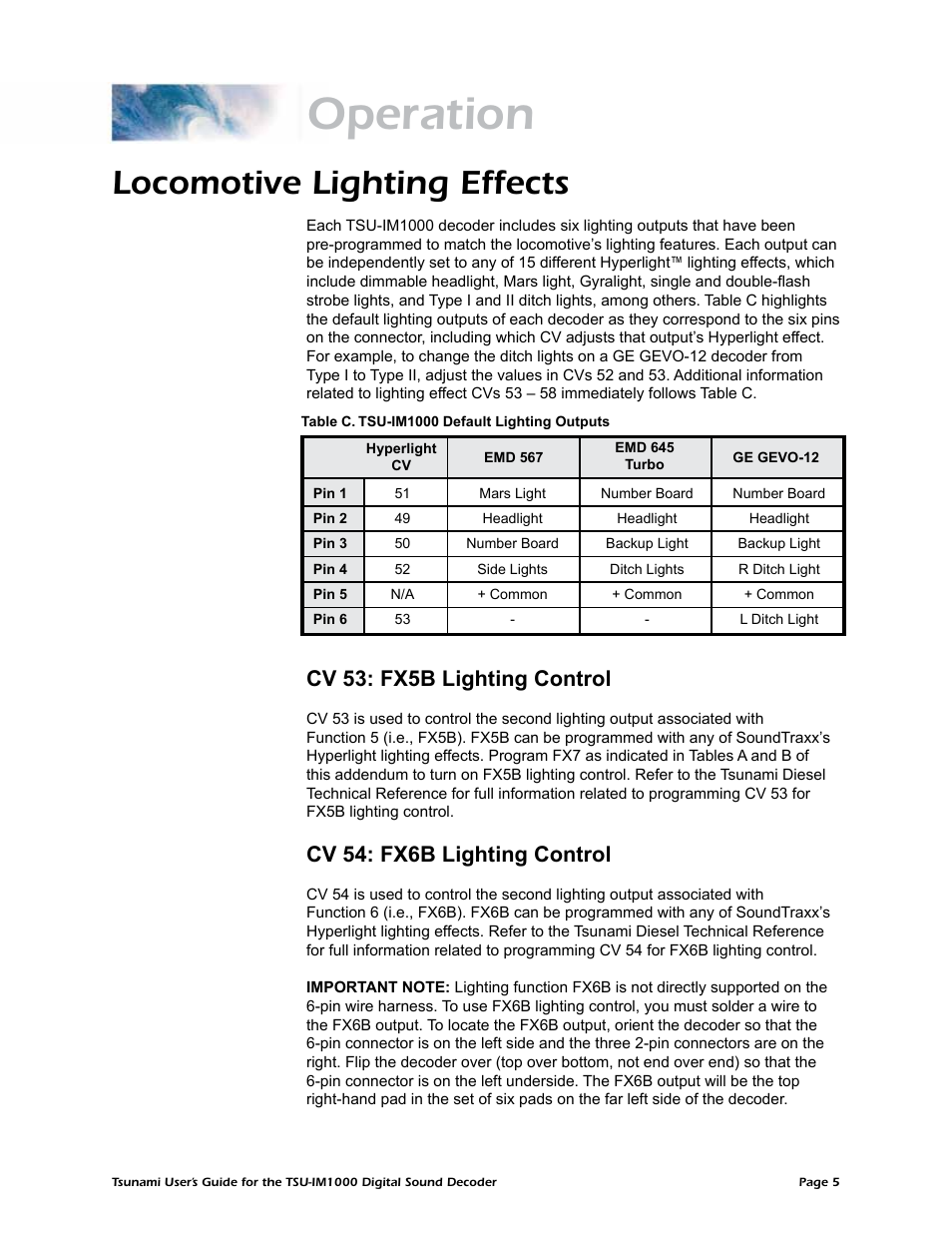 Operation, Locomotive lighting effects, Cv 53: fx5b lighting control | Cv 54: fx6b lighting control | SoundTraxx TSU-IM1000 User Manual | Page 8 / 10