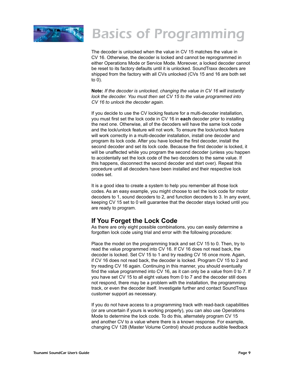 Basics of programming, If you forget the lock code | SoundTraxx SoundCar Users Guide User Manual | Page 13 / 49