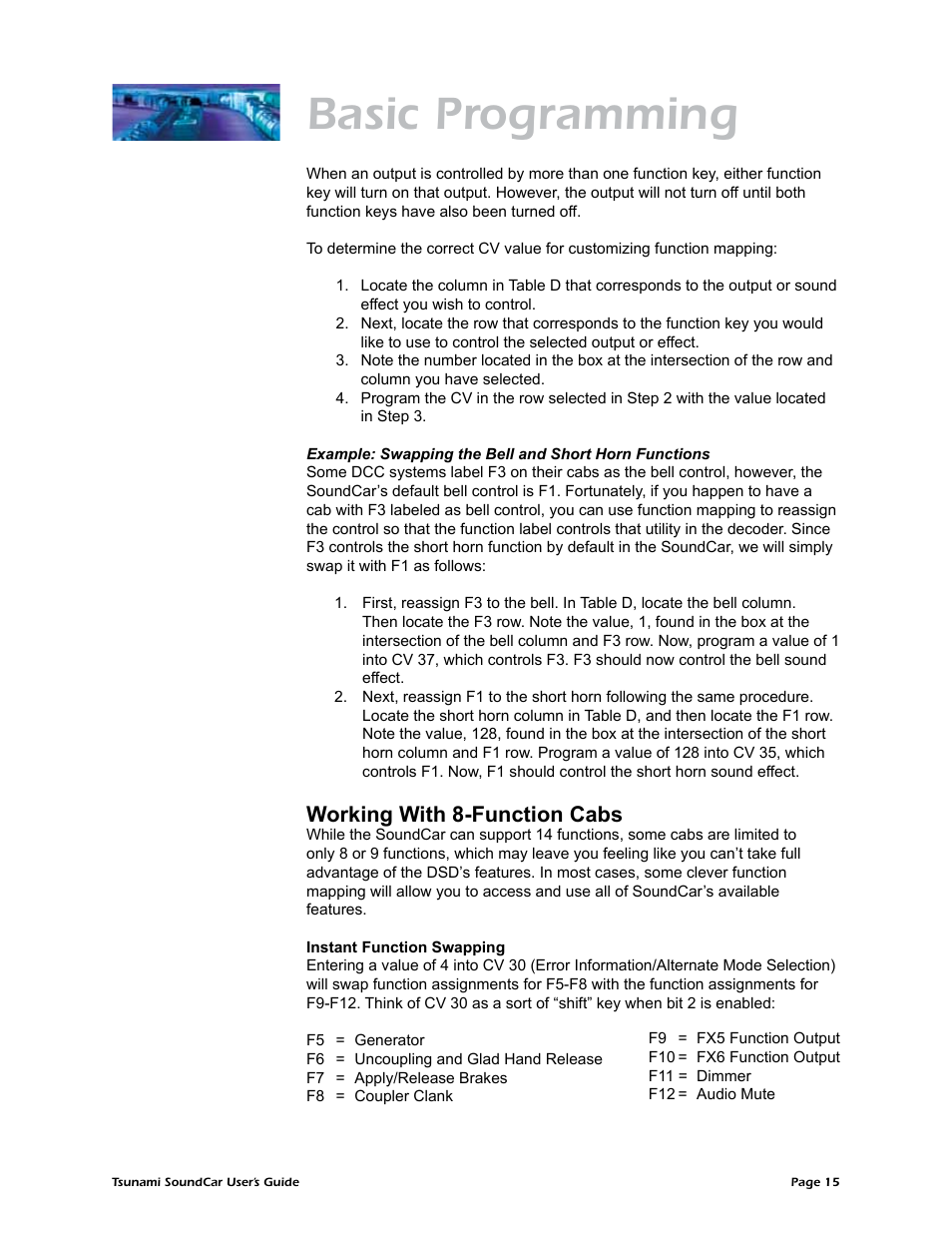 Basic programming, Working with 8-function cabs | SoundTraxx SoundCar Users Guide User Manual | Page 19 / 49