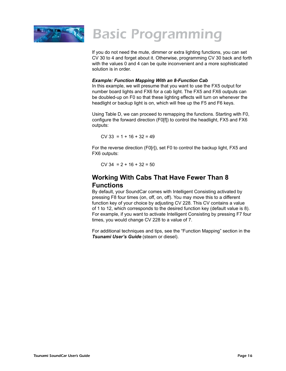 Basic programming, Working with cabs that have fewer than 8 functions | SoundTraxx SoundCar Users Guide User Manual | Page 20 / 49