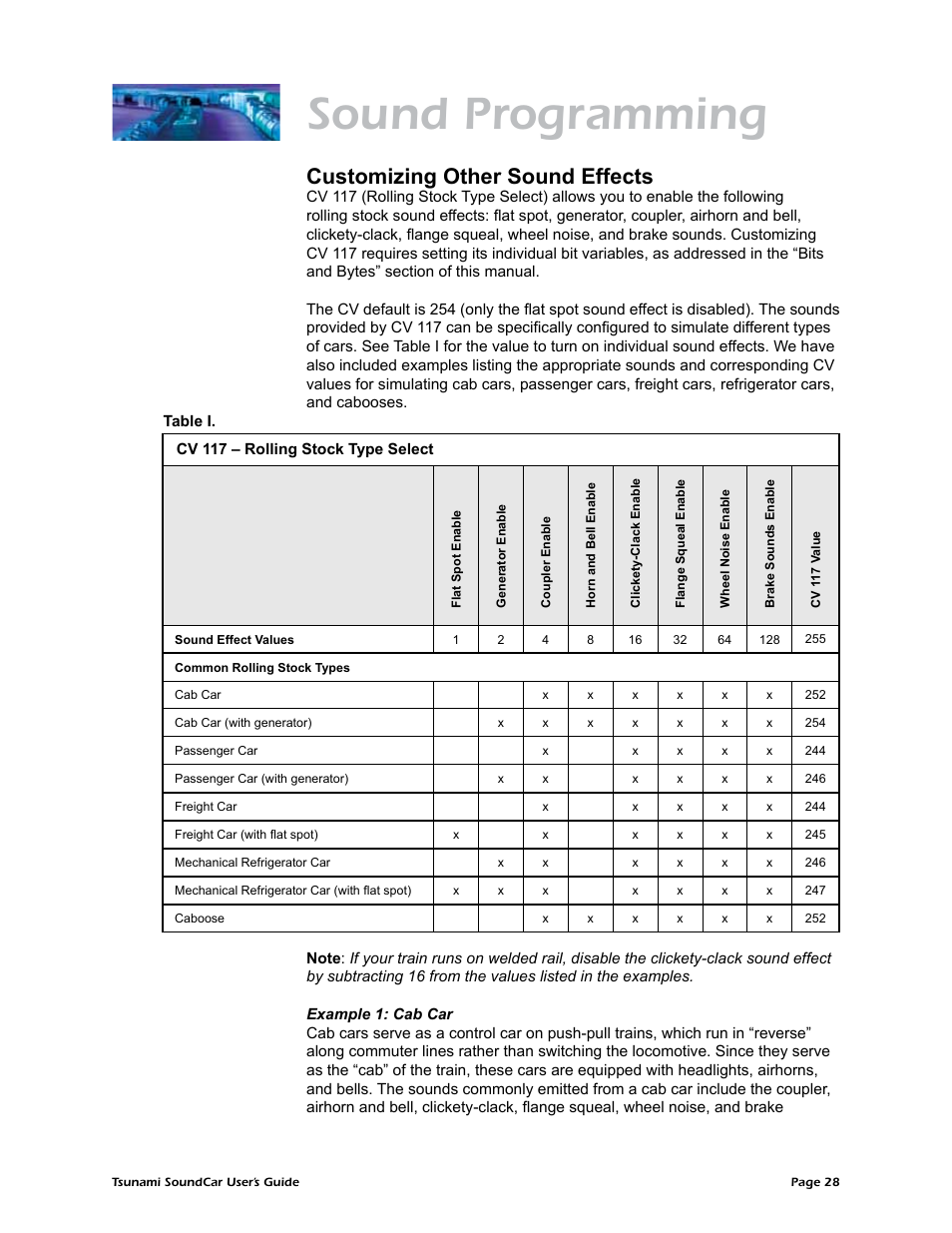 Table i. cv 117 – rolling stock type select, Sound programming, Customizing other sound effects | SoundTraxx SoundCar Users Guide User Manual | Page 32 / 49