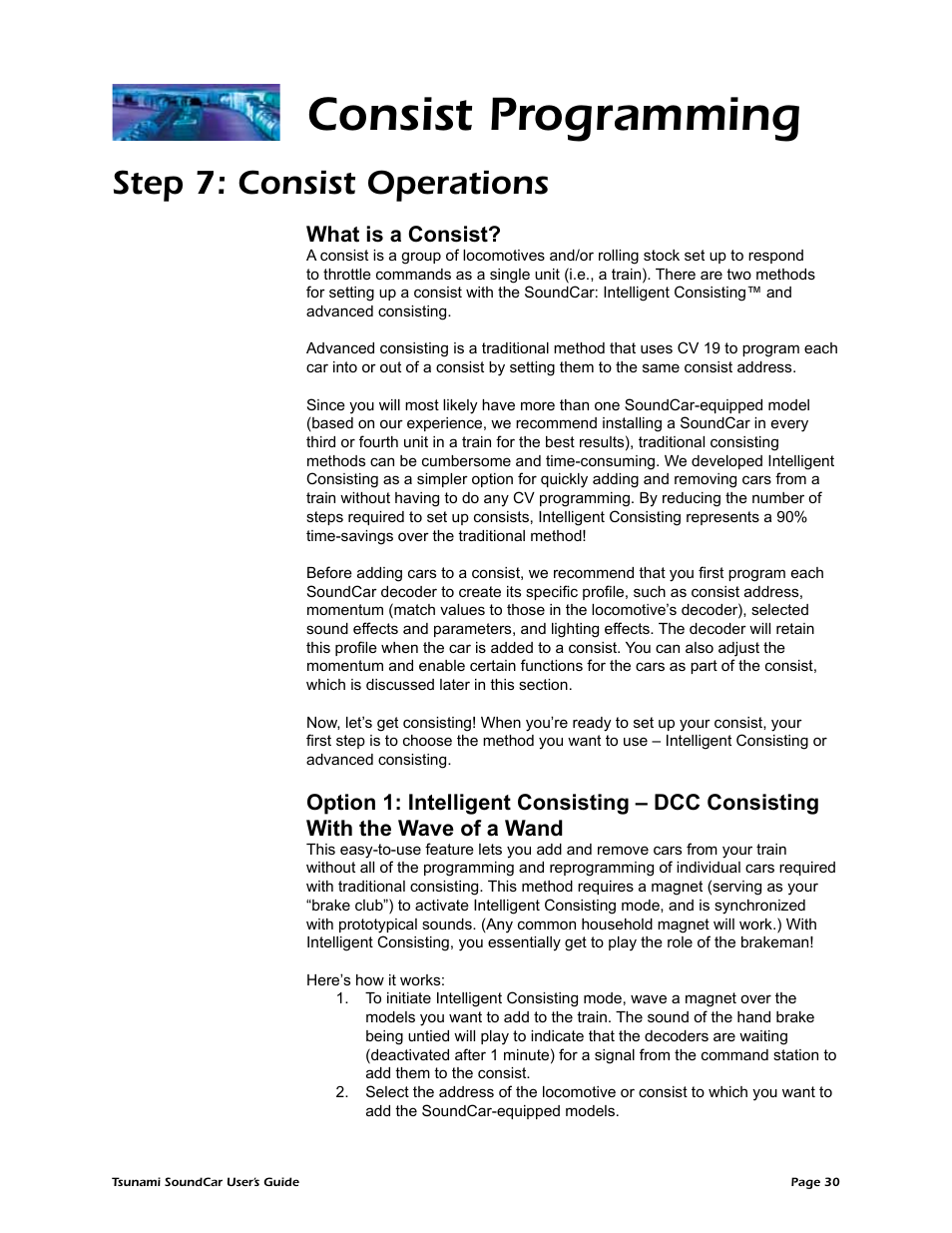 Consist programming, Step 7: consist operations, What is a consist | SoundTraxx SoundCar Users Guide User Manual | Page 34 / 49
