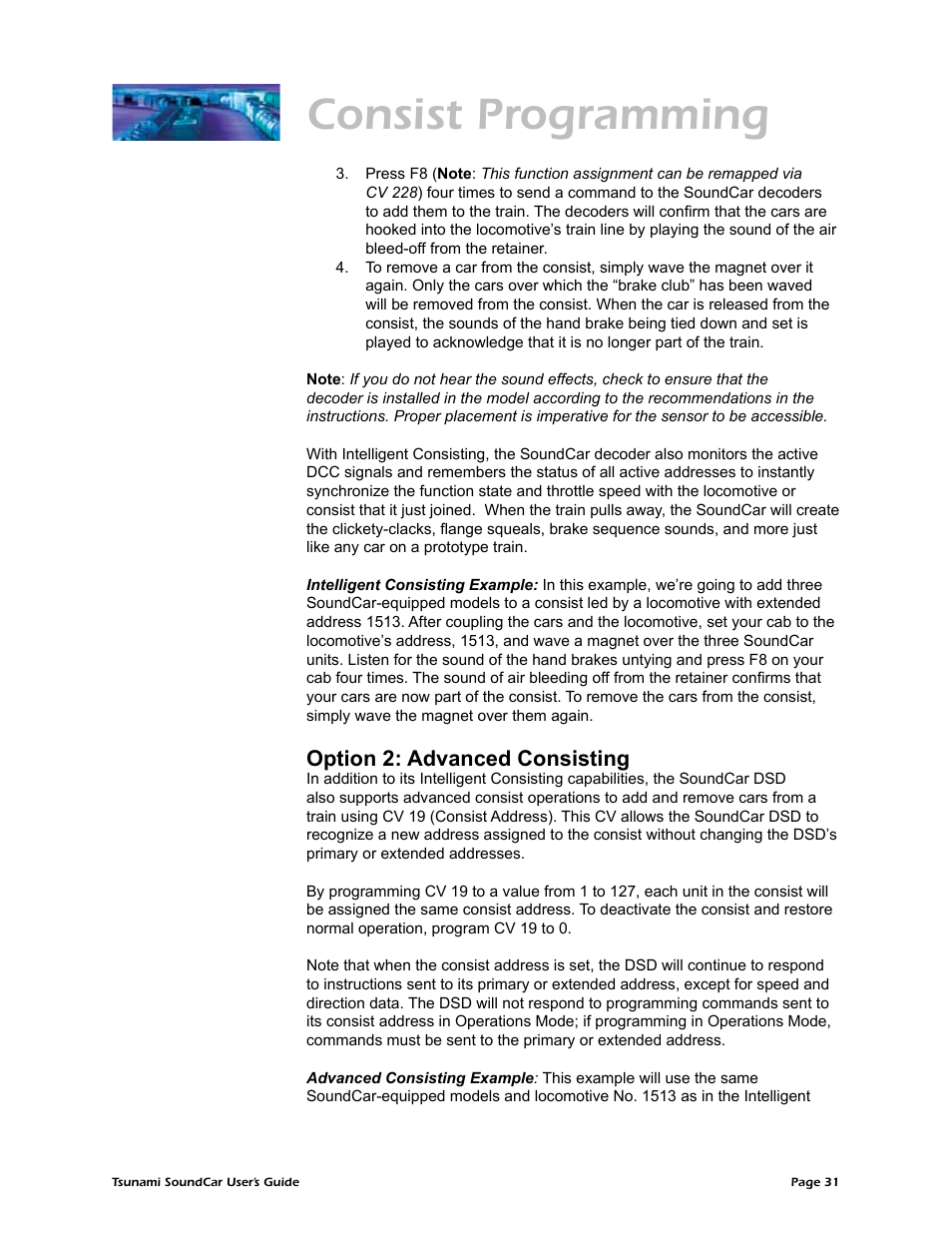 Consist programming, Option 2: advanced consisting | SoundTraxx SoundCar Users Guide User Manual | Page 35 / 49