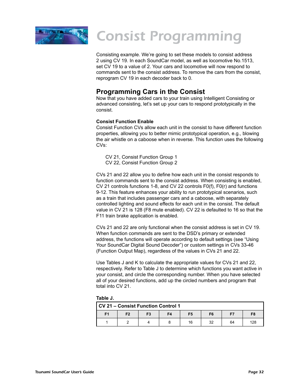 Table j. cv 21 – consist function control group 1, Consist programming, Programming cars in the consist | SoundTraxx SoundCar Users Guide User Manual | Page 36 / 49