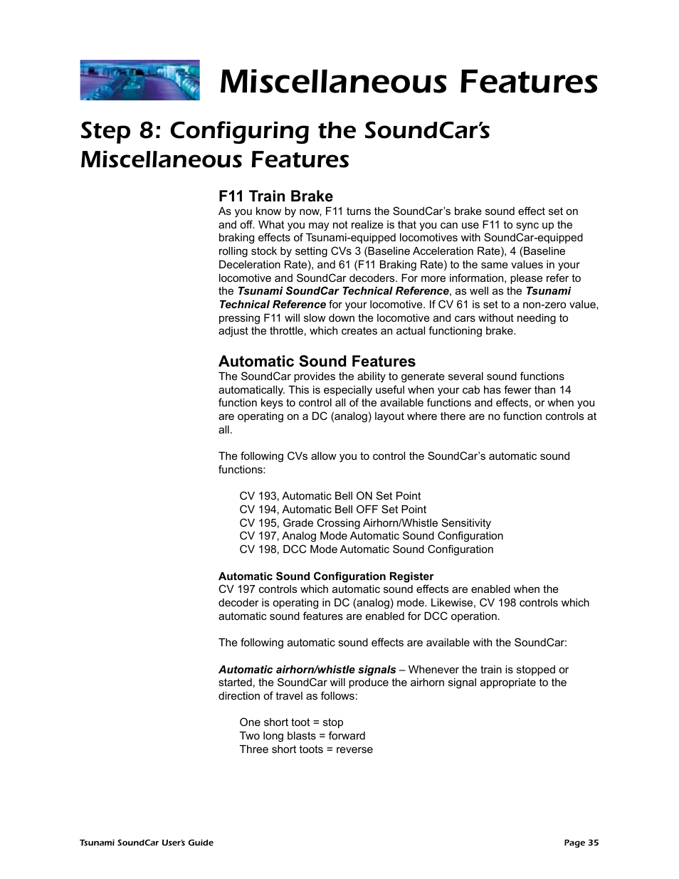 Miscellaneous features, F11 train brake, Automatic sound features | SoundTraxx SoundCar Users Guide User Manual | Page 39 / 49