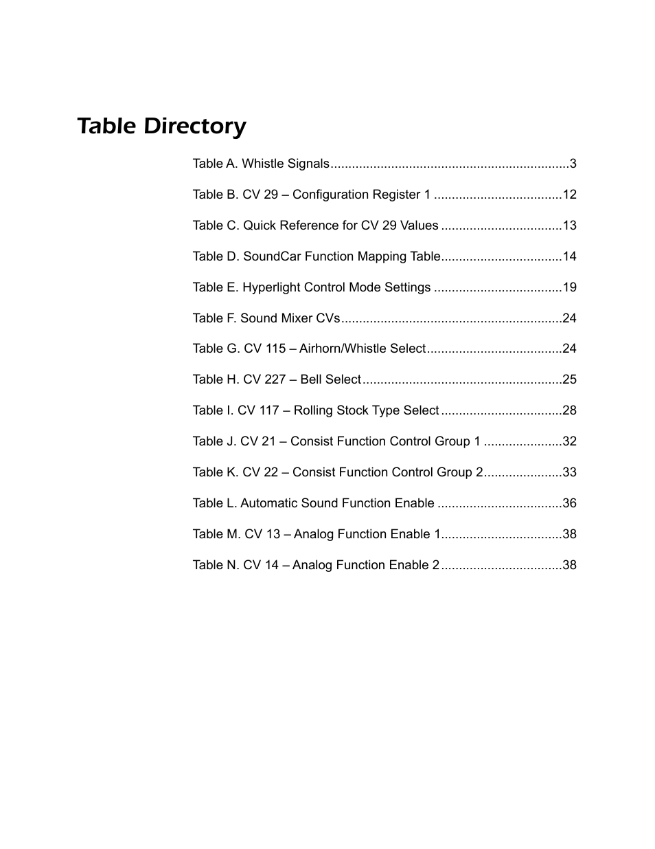 Table directory | SoundTraxx SoundCar Users Guide User Manual | Page 4 / 49