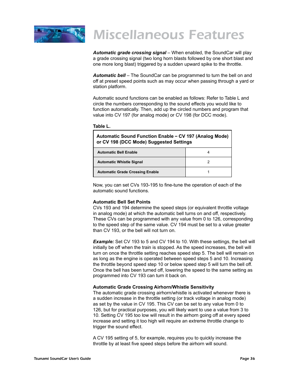 Table l. automatic sound function enable, Miscellaneous features | SoundTraxx SoundCar Users Guide User Manual | Page 40 / 49